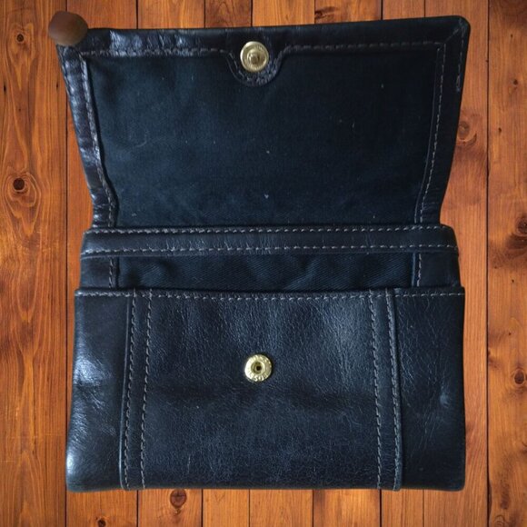 FOSSIL Black Leather Ellis Trifold Wallet Logo Snap Closure Classic Folding - Picture 2 of 6